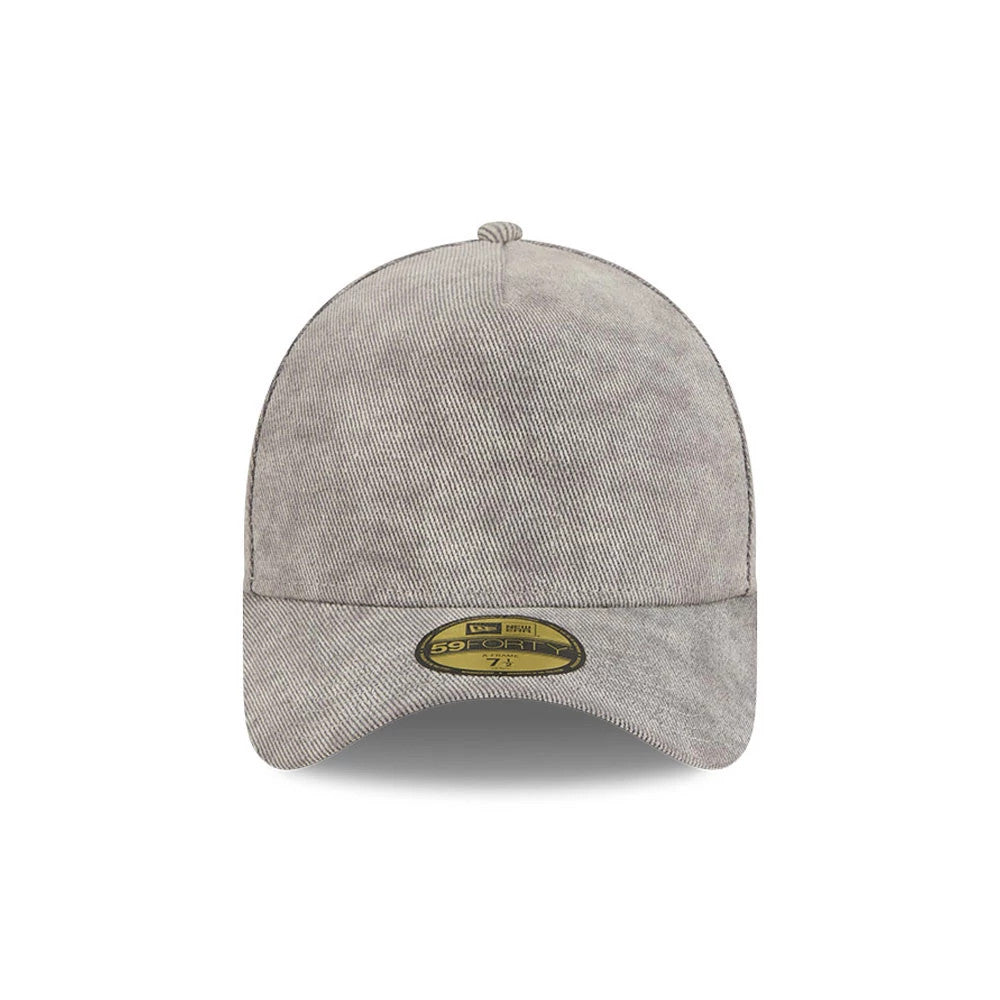 New Era Open Grey 59FORTY A-Frame Fitted Cap, front view showing a structured grey crown with diagonal lines, a curved grey visor, and a prominent gold 59FORTY size sticker on the centre of the visor's edge.