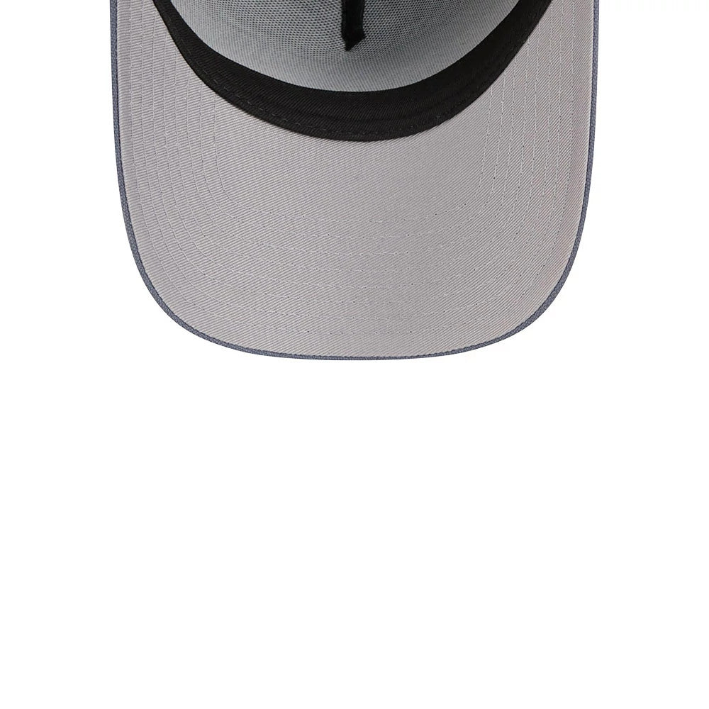New Era Denim Dark Blue 59FORTY A-Frame Fitted Cap, inside view showing a clean black sweatband, light grey undervisor and black taping running across the inside of the structured panels, highlighting the denim dark blue exterior.