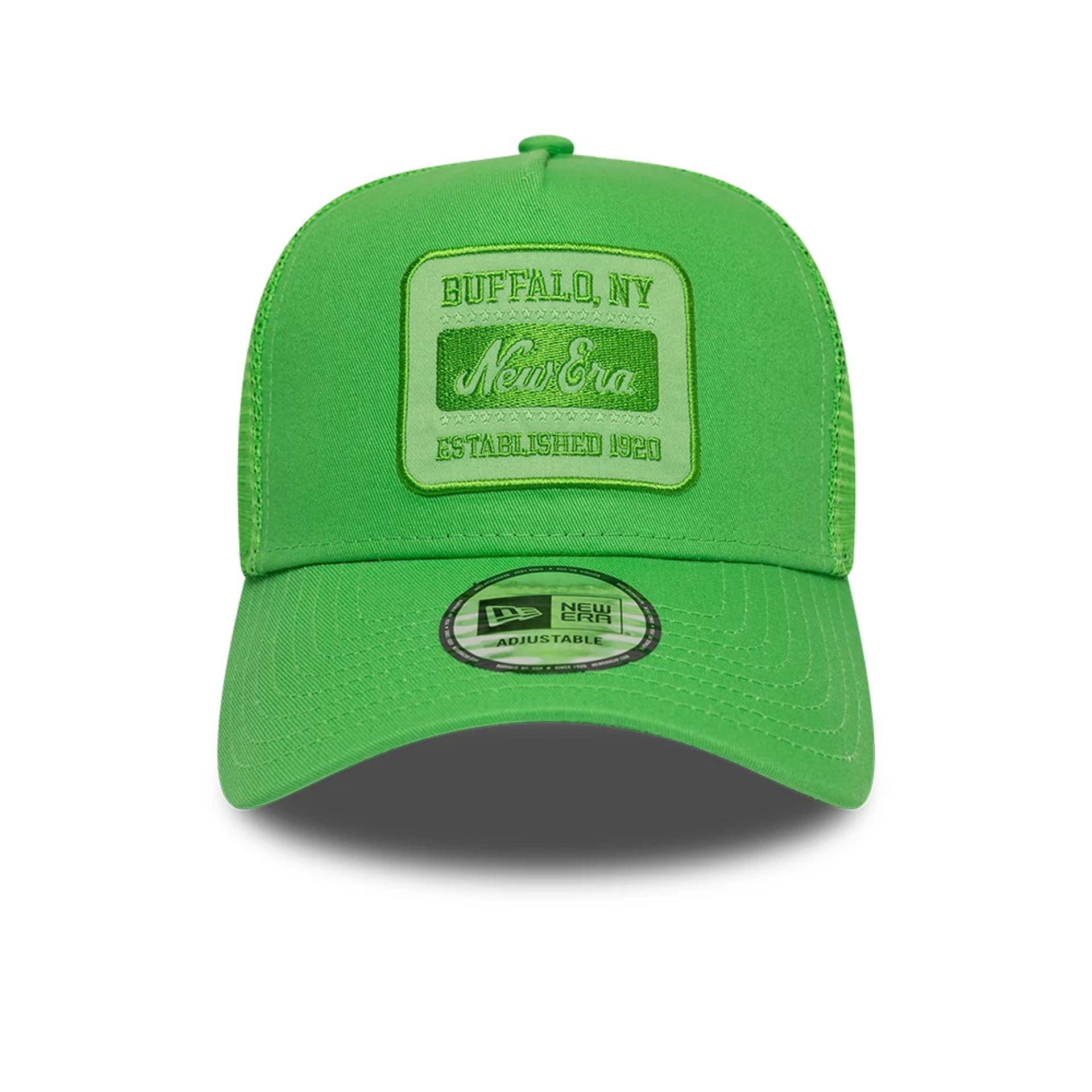 Pictured is this New Era Patch 9FORTY A-Frame Trucker Adjustable cap in open green. 2