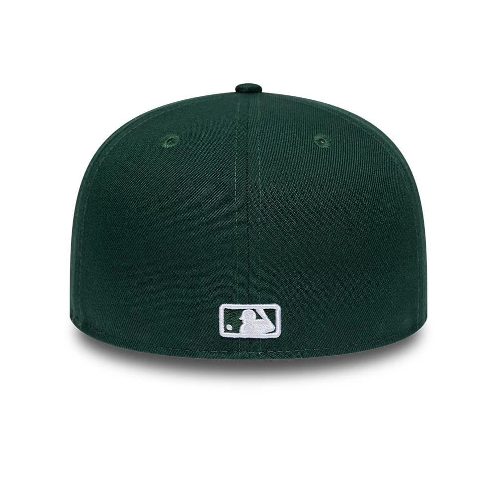 New York Yankees MLB League Essential Dark Green New Era 59FIFTY Fitted Cap, rear view showing the white embroidered MLB Batterman logo at the centre back, with green eyelets and a structured dark green crown.