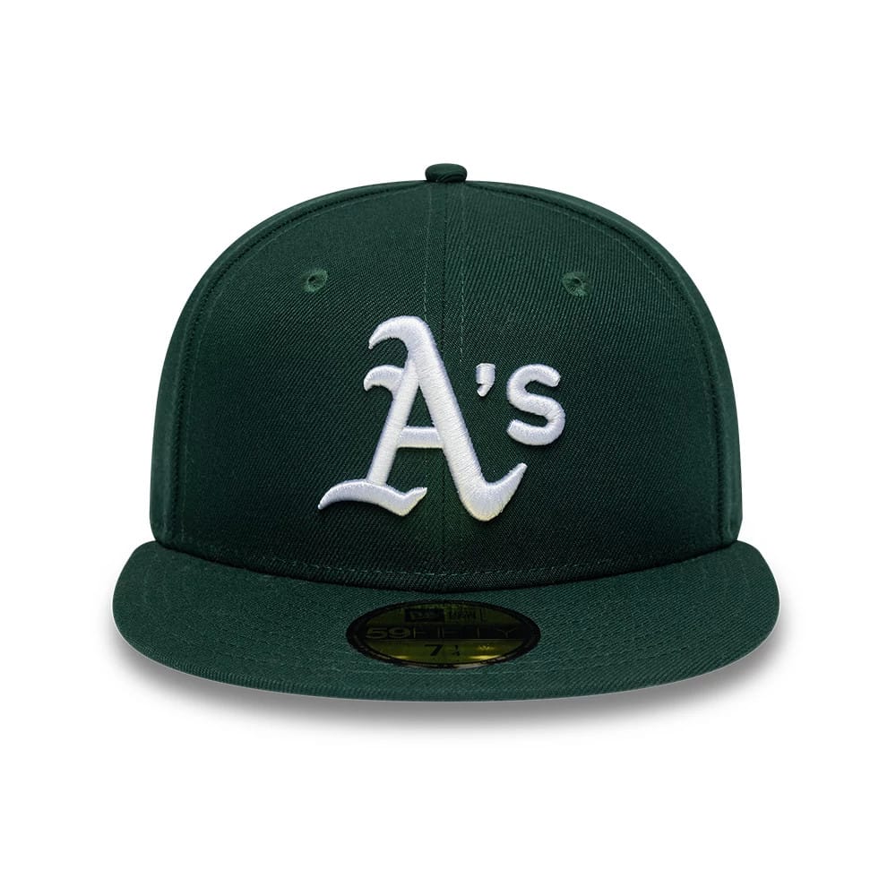 Pictured is this MLB League Essential Athletics 59FIFTY Fitted cap in dark green. 2