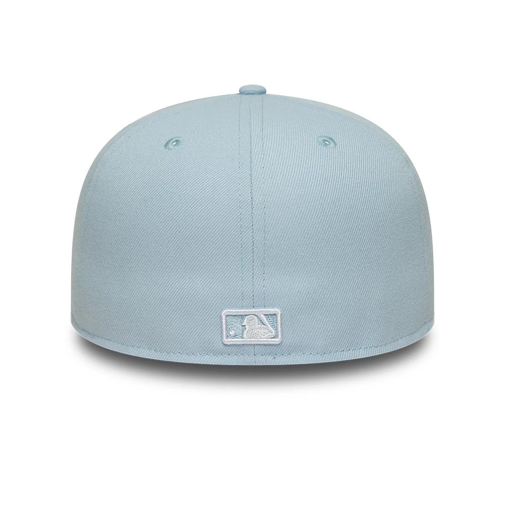 New York Yankees MLB League Essential Pastel Blue New Era 59FIFTY Fitted Cap, rear view showing the white embroidered MLB Batterman logo at the centre of the back panels, pastel blue structured crown and matching top button.