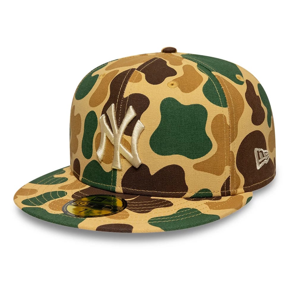 Pictured is this MLB Camo New York Yankees 59FIFTY Fitted cap in beige. 1