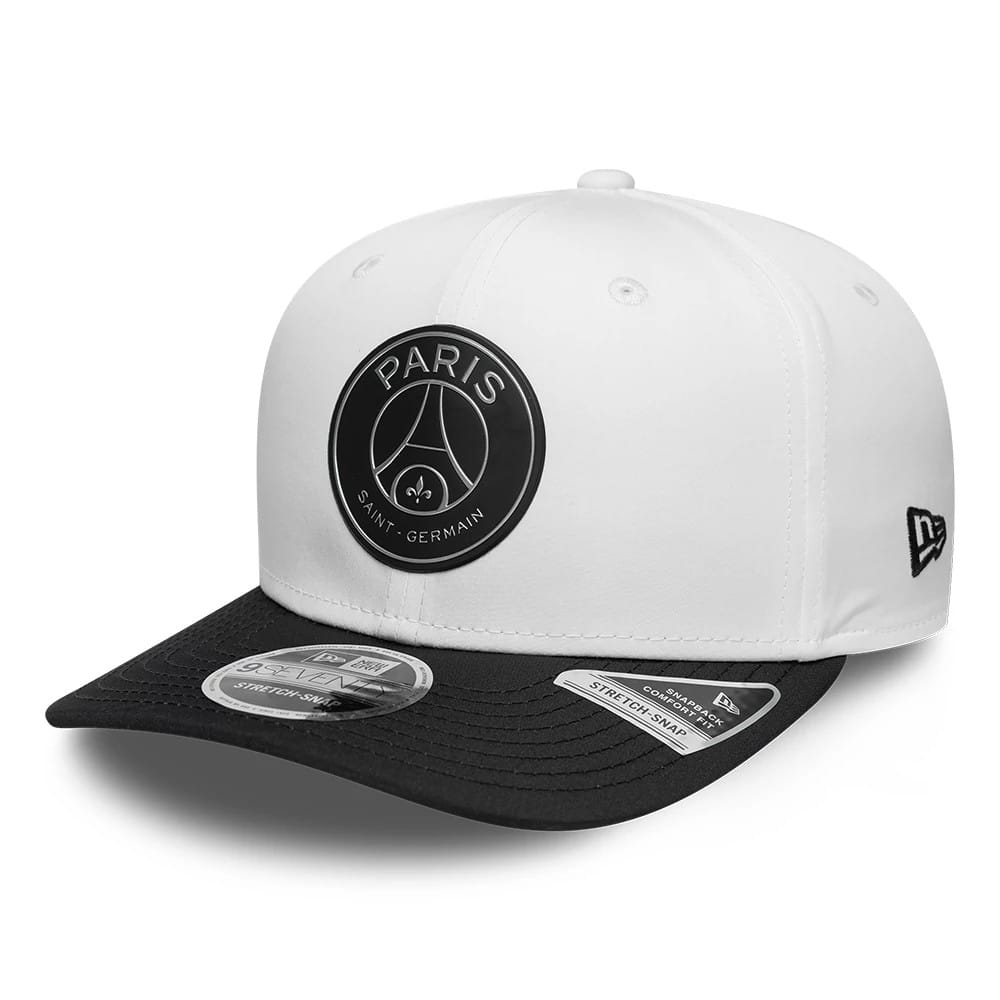 Pictured is this Paris Saint-Germain Metallic 9SEVENTY Stretch Snap Adjustable cap in white. 1