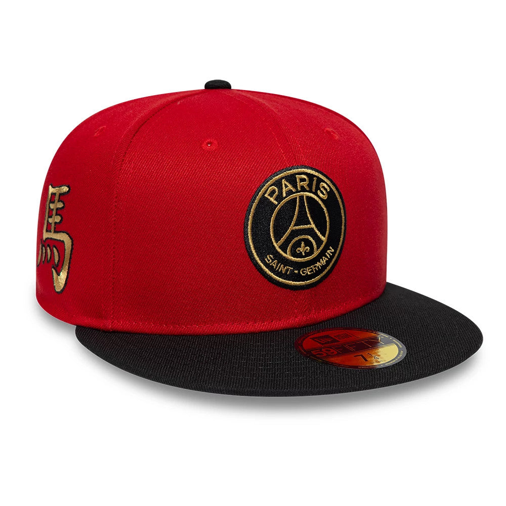 Paris Saint-Germain Chinese New Year Red New Era 59FIFTY Fitted Cap, front view showing the round black embroidered club logo on the front panel, golden Chinese character on the side, and contrasting black flat visor with a gold 59FIFTY size sticker.