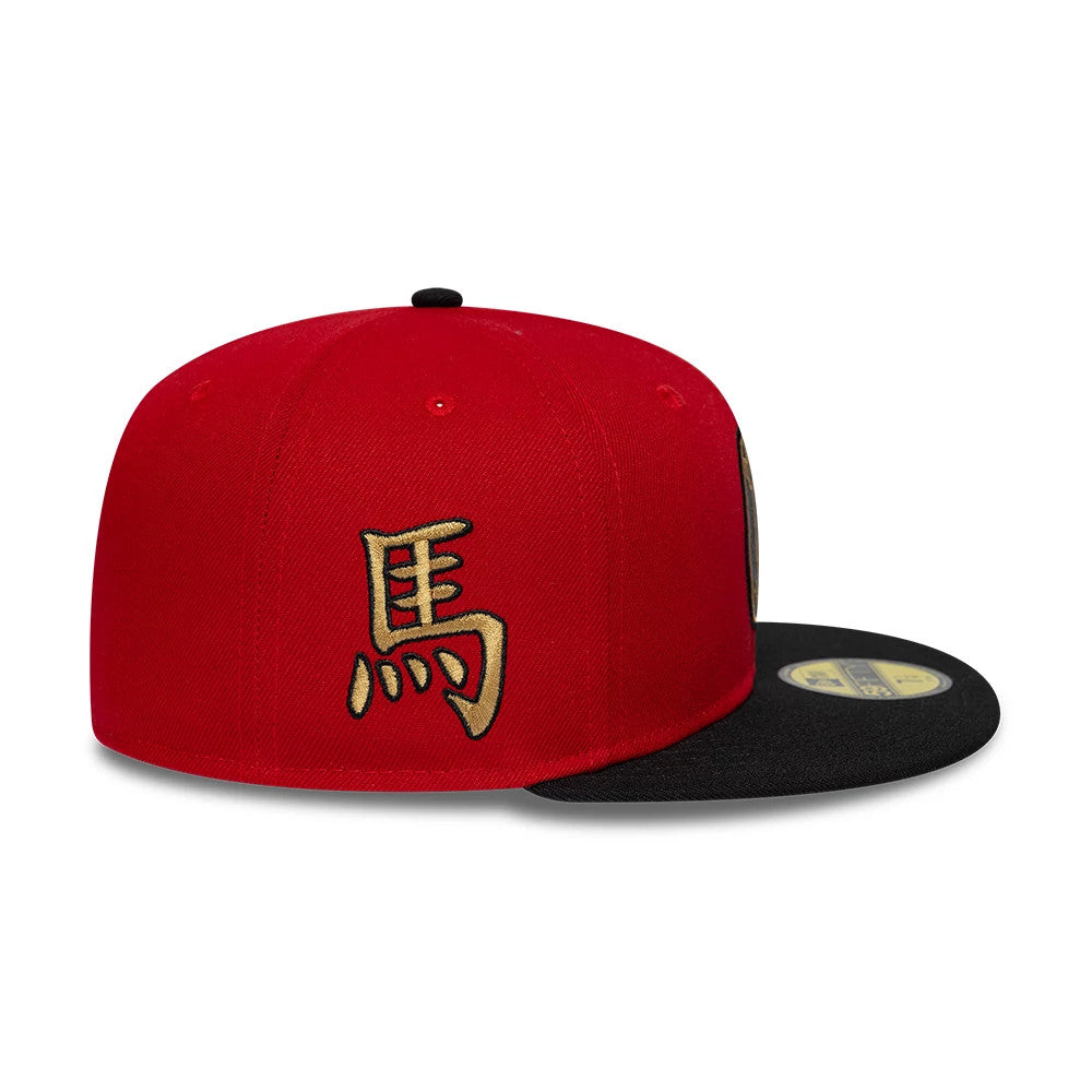 Paris Saint-Germain Chinese New Year Red New Era 59FIFTY Fitted Cap, side view showing the gold Chinese character embroidered on the red crown, with a black flat visor featuring a gold 59FIFTY size sticker on top.
