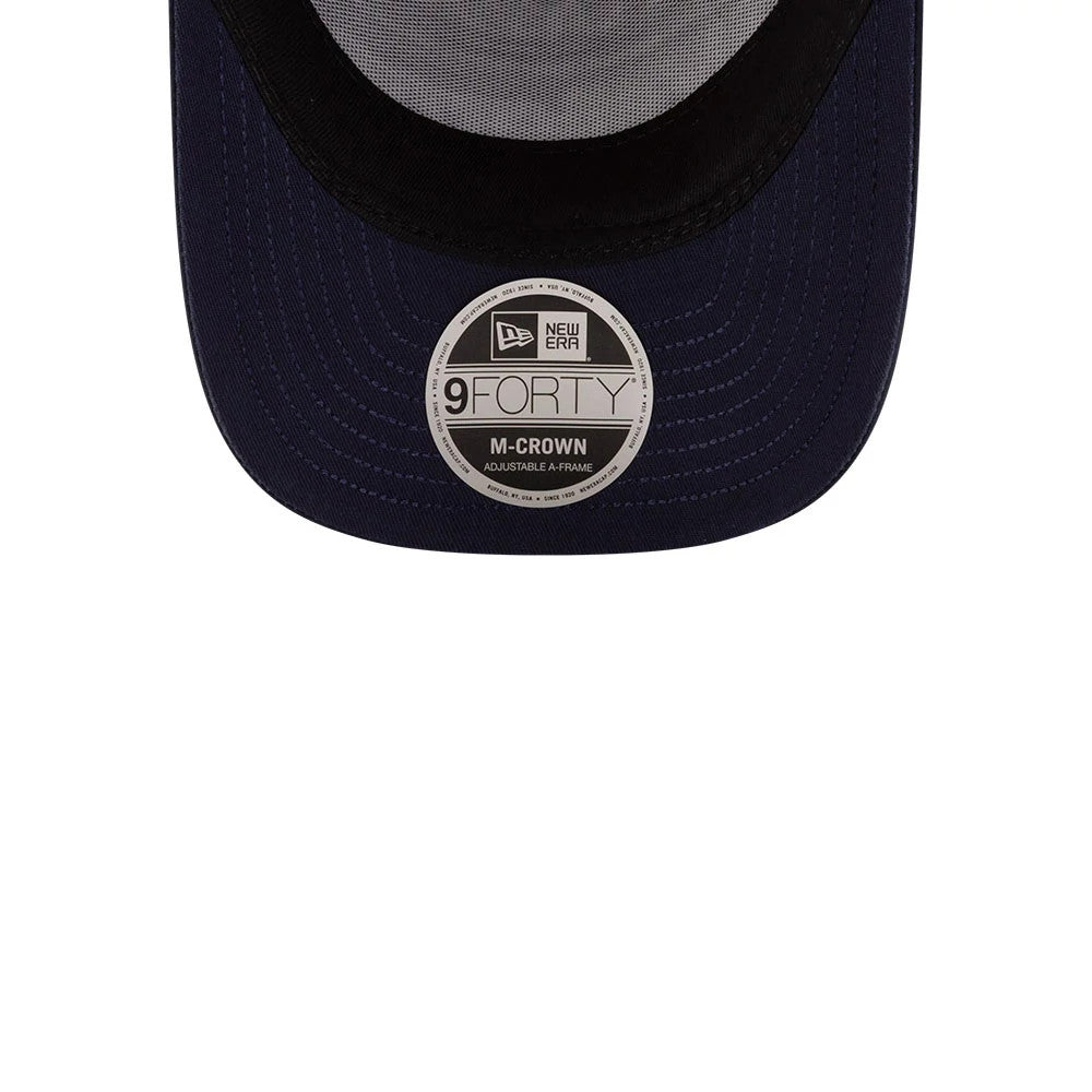 Williams Miami Navy New Era 9FORTY M-Crown A-Frame Adjustable Cap, inside view showing the black undervisor, white 9FORTY size sticker centrally placed, and the dark navy crown with inner stitching lines.