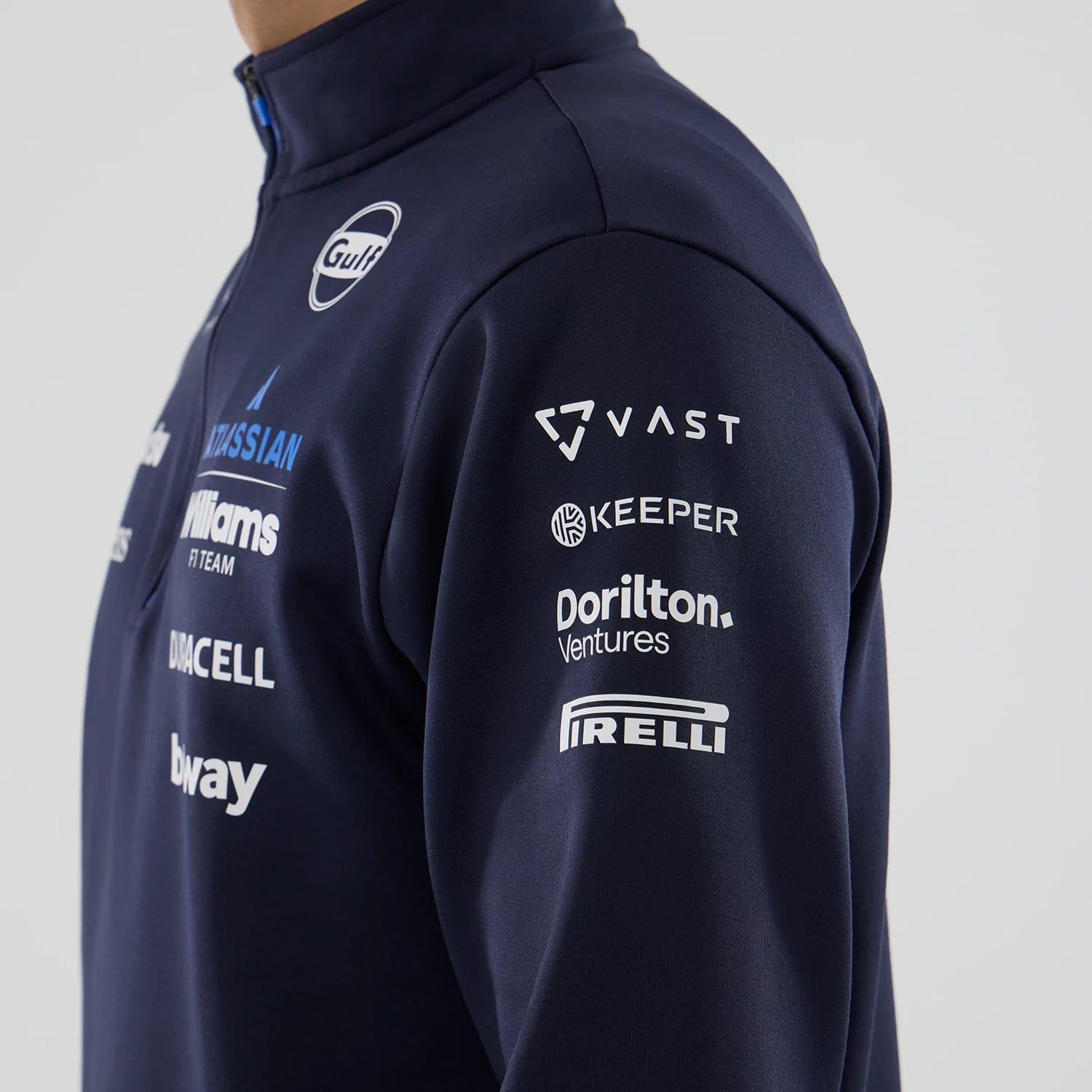 The model is wearing this Atlassian Williams F1 Team Mid Layer 1/4 Zip Sweatshirt in navy. 3