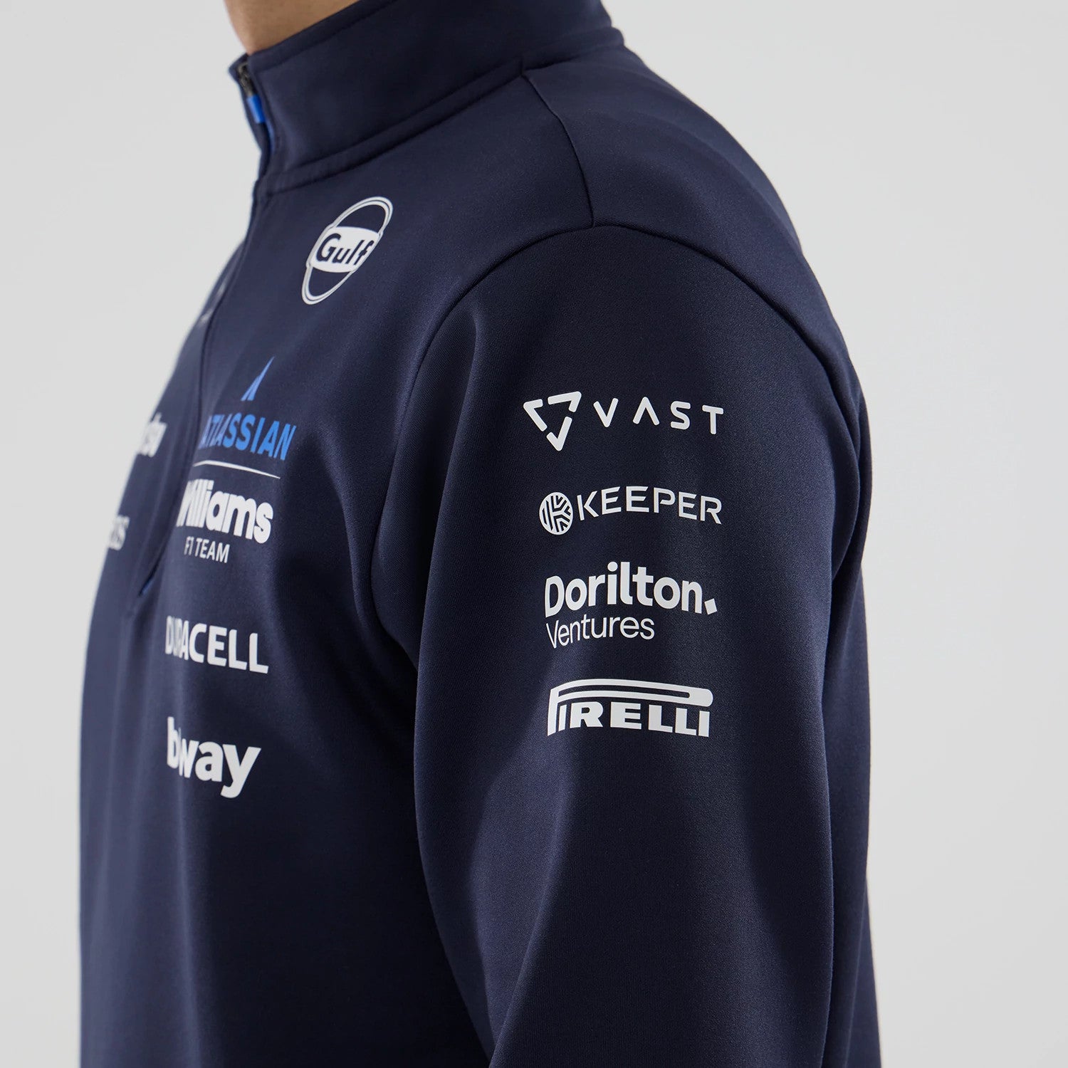 New Era Williams Navy Mid Layer 1/4 Zip Sweater, side view on a model showing various sponsor logos in white on the navy fabric, including Gulf on the chest and VAST on the sleeve, with a high collar and zip detail.