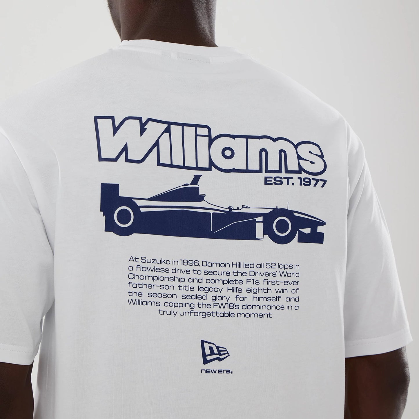 The model is wearing this Atlassian Williams F1 Team Japan 1996 Script World Champions Oversized T-Shirt in white. 7