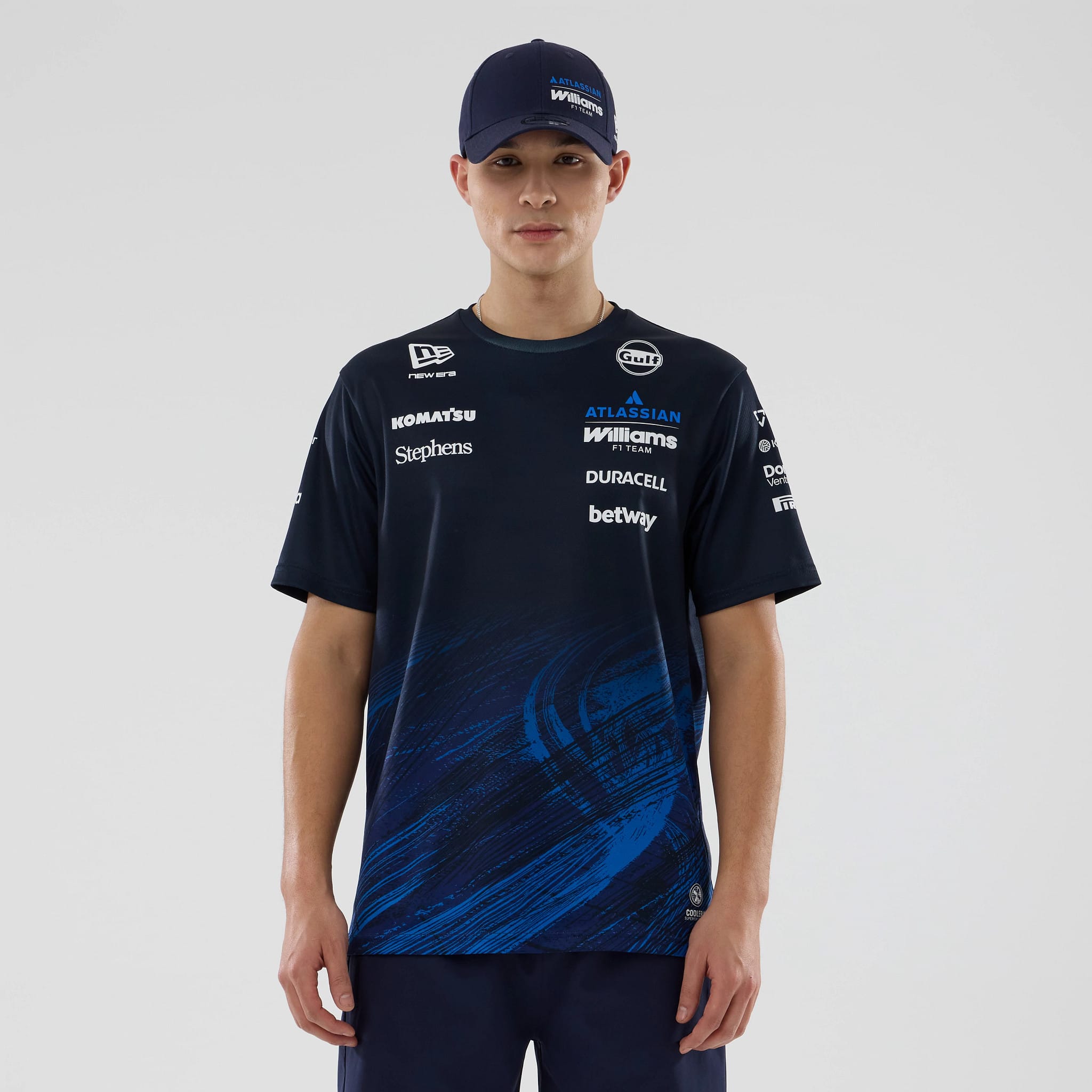 The model is wearing this Atlassian Williams F1 Team Tech T-shirt in navy. 1