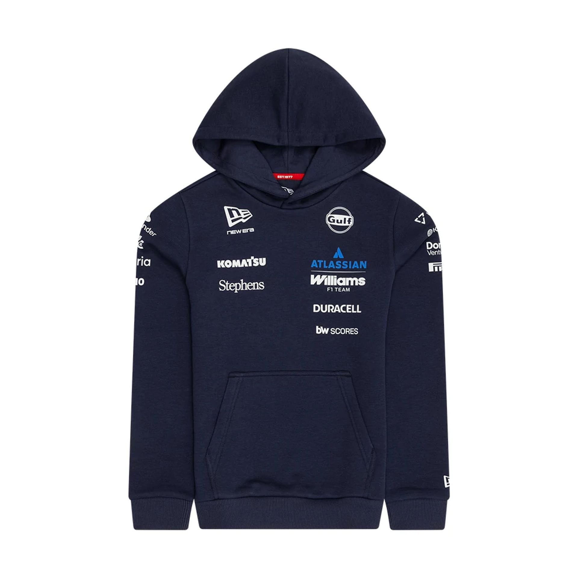 The model is wearing this Youth Replica Atlassian Williams F1 Team Pullover Hoodie in navy. 1