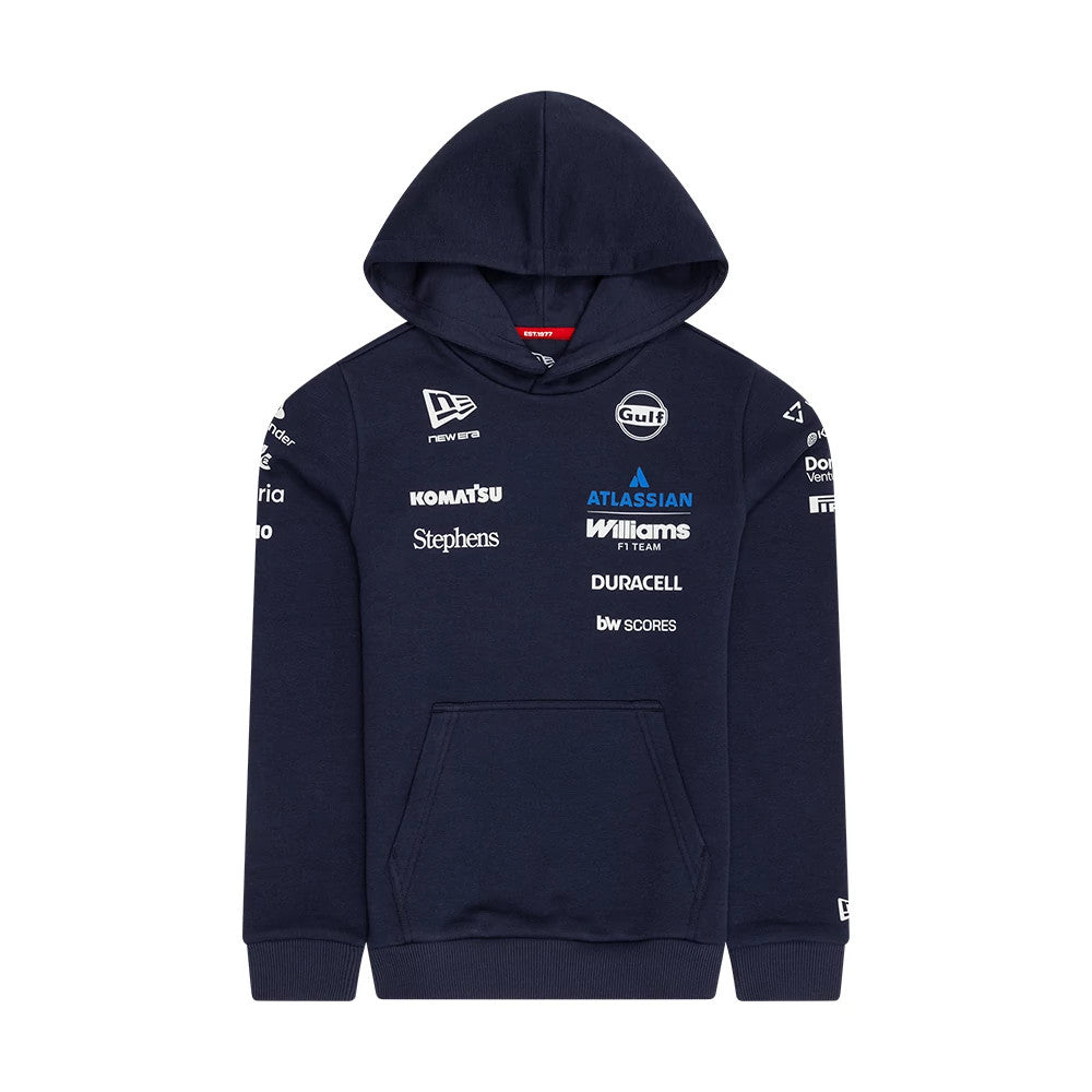 New Era Williams Youth Replica Navy Pullover Hoodie, front view showing multiple printed sponsor logos including New Era on the chest and sleeves, with a large hood and a classic kangaroo pocket at the front.