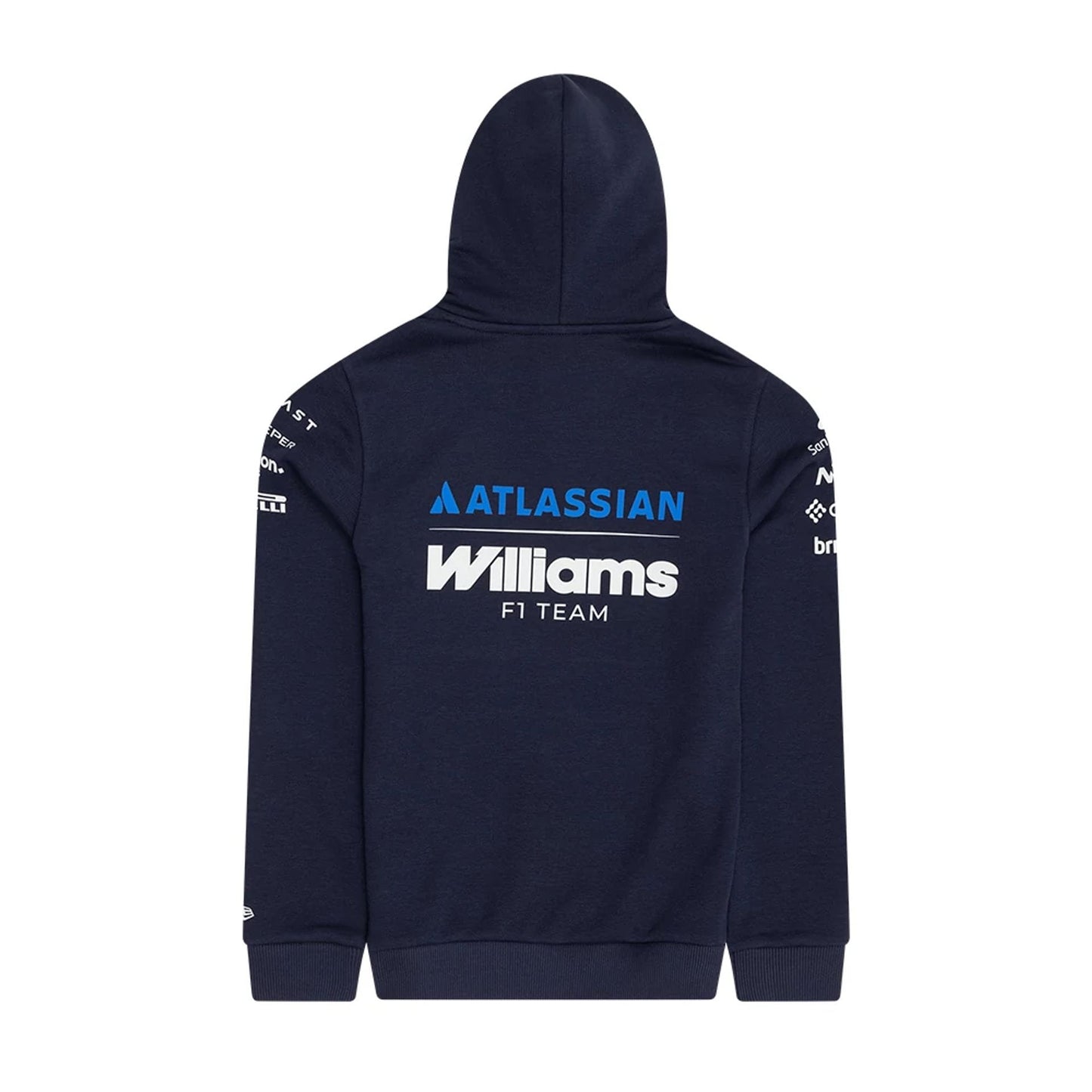 The model is wearing this Youth Replica Atlassian Williams F1 Team Pullover Hoodie in navy. 2