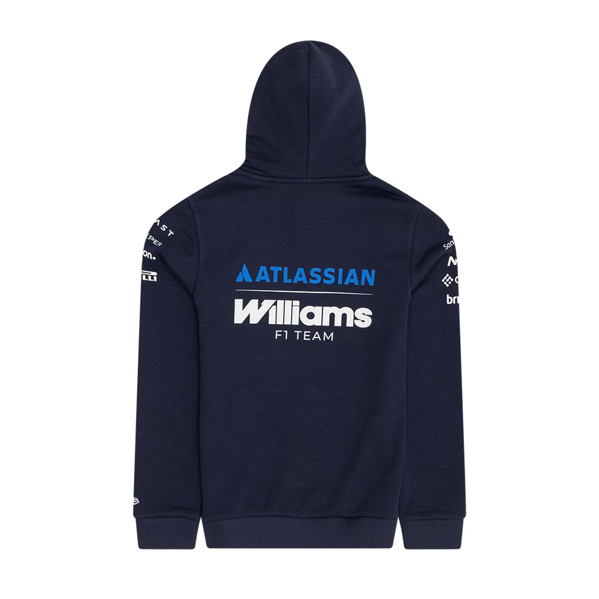 The model is wearing this Youth Replica Atlassian Williams F1 Team Pullover Hoodie in navy. 2