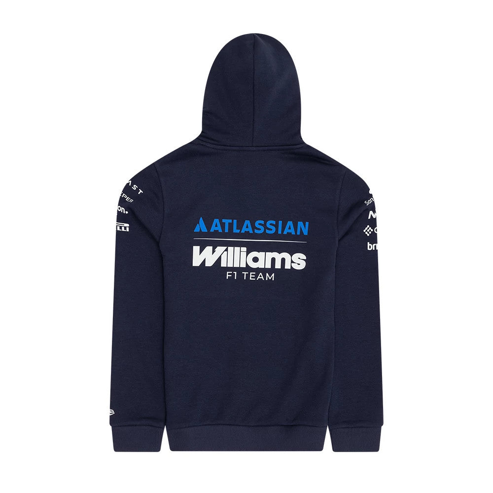 The model is wearing this Youth Replica Atlassian Williams F1 Team Pullover Hoodie in navy. 2