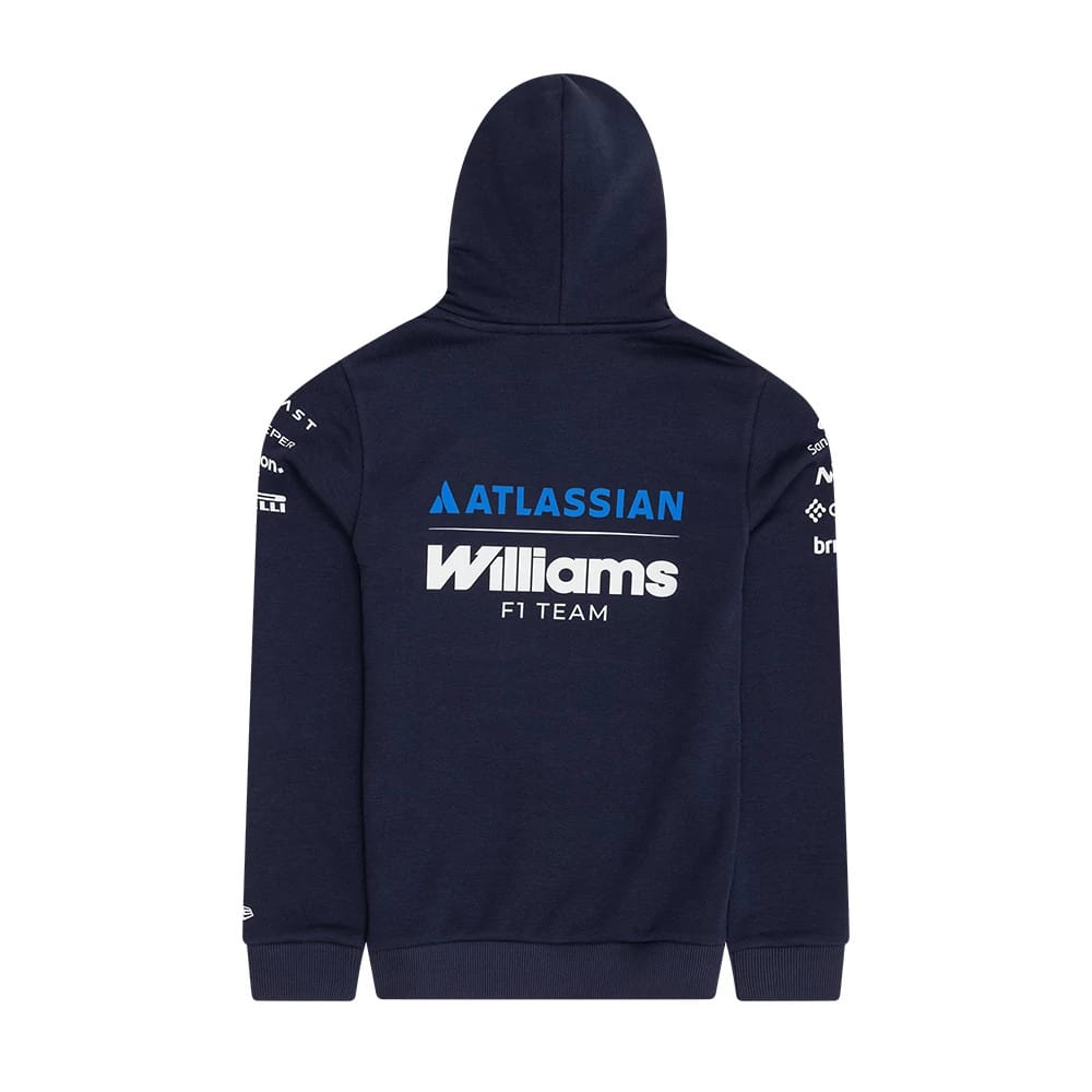 New Era Williams Youth Replica Navy Pullover Hoodie, back view featuring a blue and white printed Atlassian logo across the upper back, Williams F1 Team lettering underneath, and various sponsor logos printed down the sleeves.