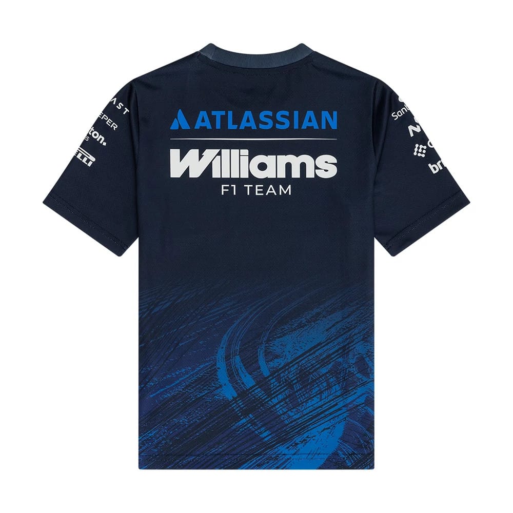 The model is wearing this Youth Atlassian Williams F1 Team Tech T-shirt in navy. 2