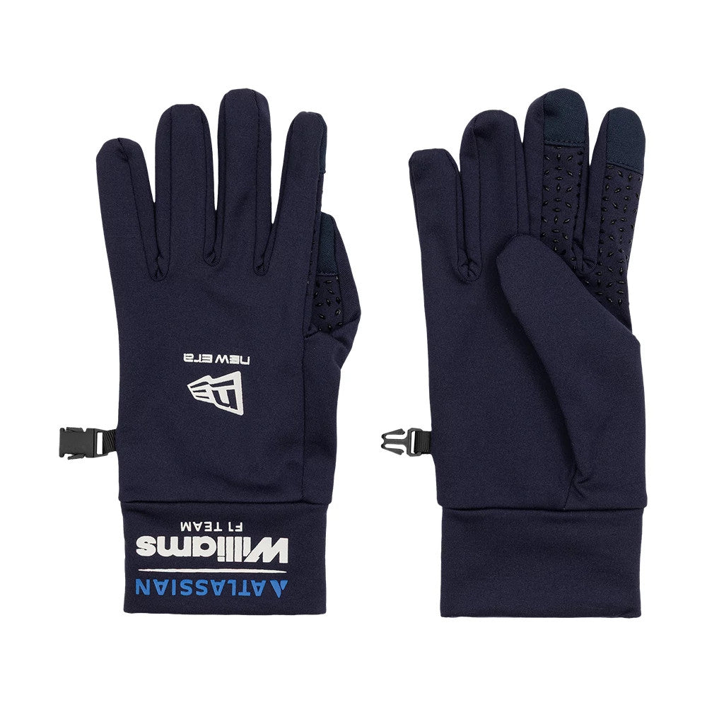 New Era Williams Navy E-Touch Gloves, top view showing the navy fabric with printed New Era logo on the left glove, the Williams and Atlassian lettering on the cuffs, and textured grip pads on the inner fingers for enhanced touch sensitivity.