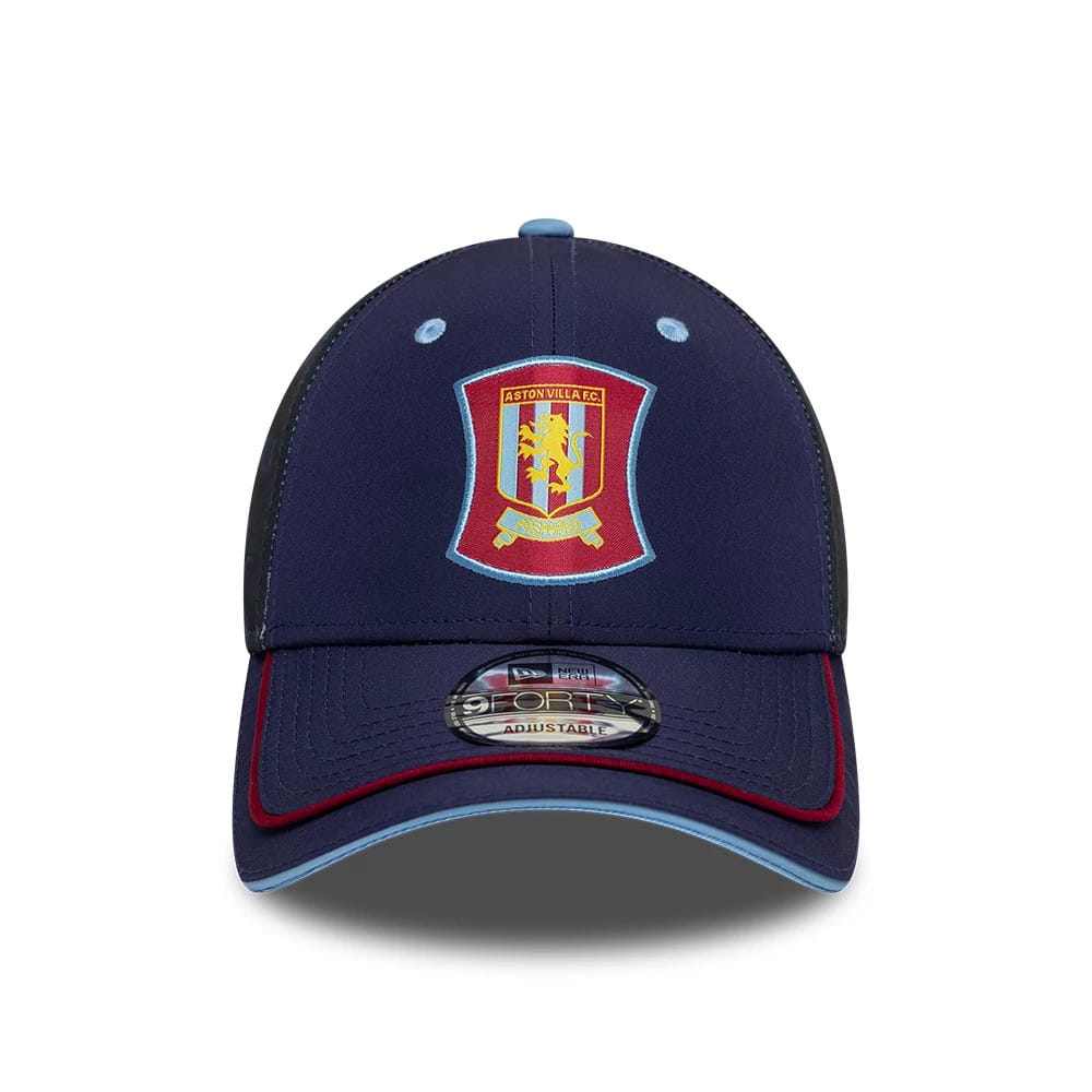 Aston Villa FC 96 Navy New Era 9FORTY Adjustable Cap, front view showing the club crest in yellow, blue, and claret raised embroidery on the front panel, with a navy crown, a light blue top button, and a 9FORTY size sticker on the navy visor.