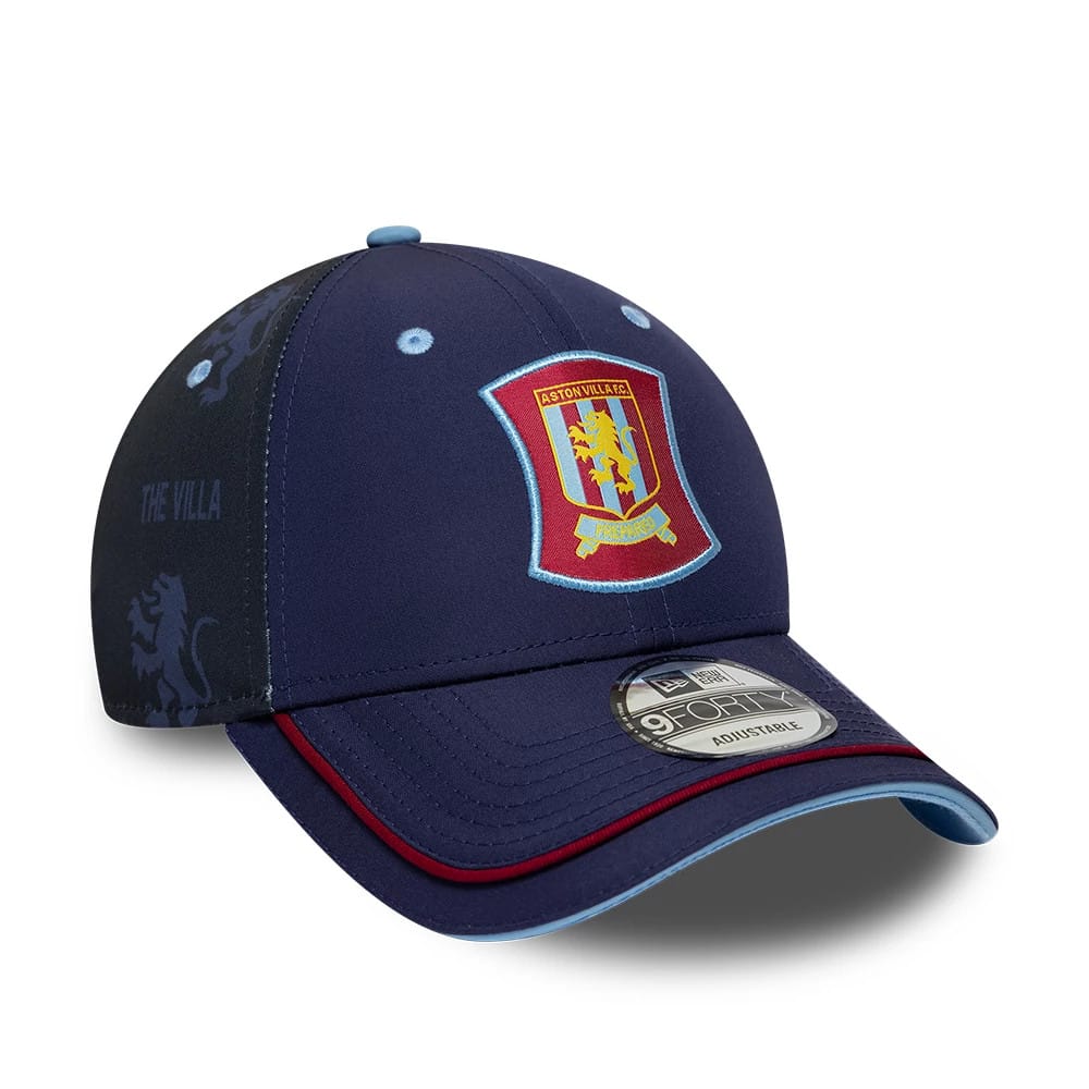 Aston Villa FC 96 Navy New Era 9FORTY Adjustable Cap, three-quarter view showing the raised embroidered Aston Villa crest on the front panel, navy crown with cyan eyelets and top button, and a bent navy visor with a 9FORTY size sticker.
