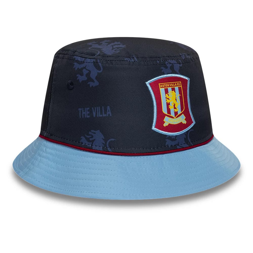 New Era Aston Villa FC 96 Navy Bucket Hat, front view showing the club crest prominently embroidered in yellow, red, and blue on the navy crown, with lion graphics and THE VILLA text, finished with a light blue visor and red trim.
