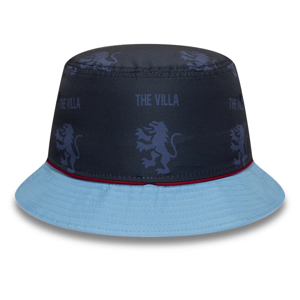 New Era Aston Villa FC 96 Navy Bucket Hat, front view showing the repeating lion and The Villa graphics around the navy crown, with a contrasting light blue visor accentuated by a thin maroon stripe around the base.
