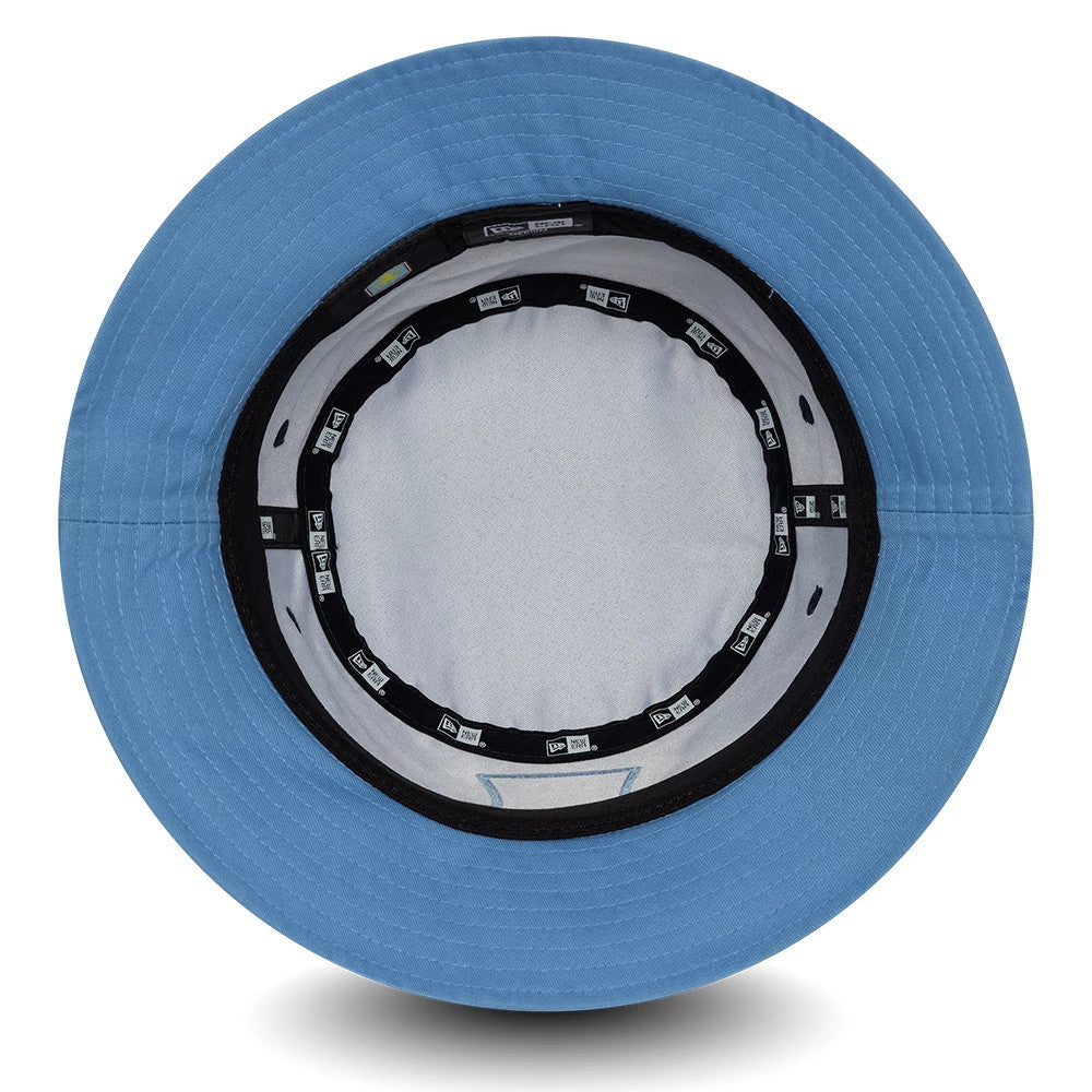 New Era Aston Villa FC 96 Navy Bucket Hat, inside view showing the black sweatband featuring New Era branding, light grey undervisor for contrast, and light blue stitching on the visor's edge for a finish.