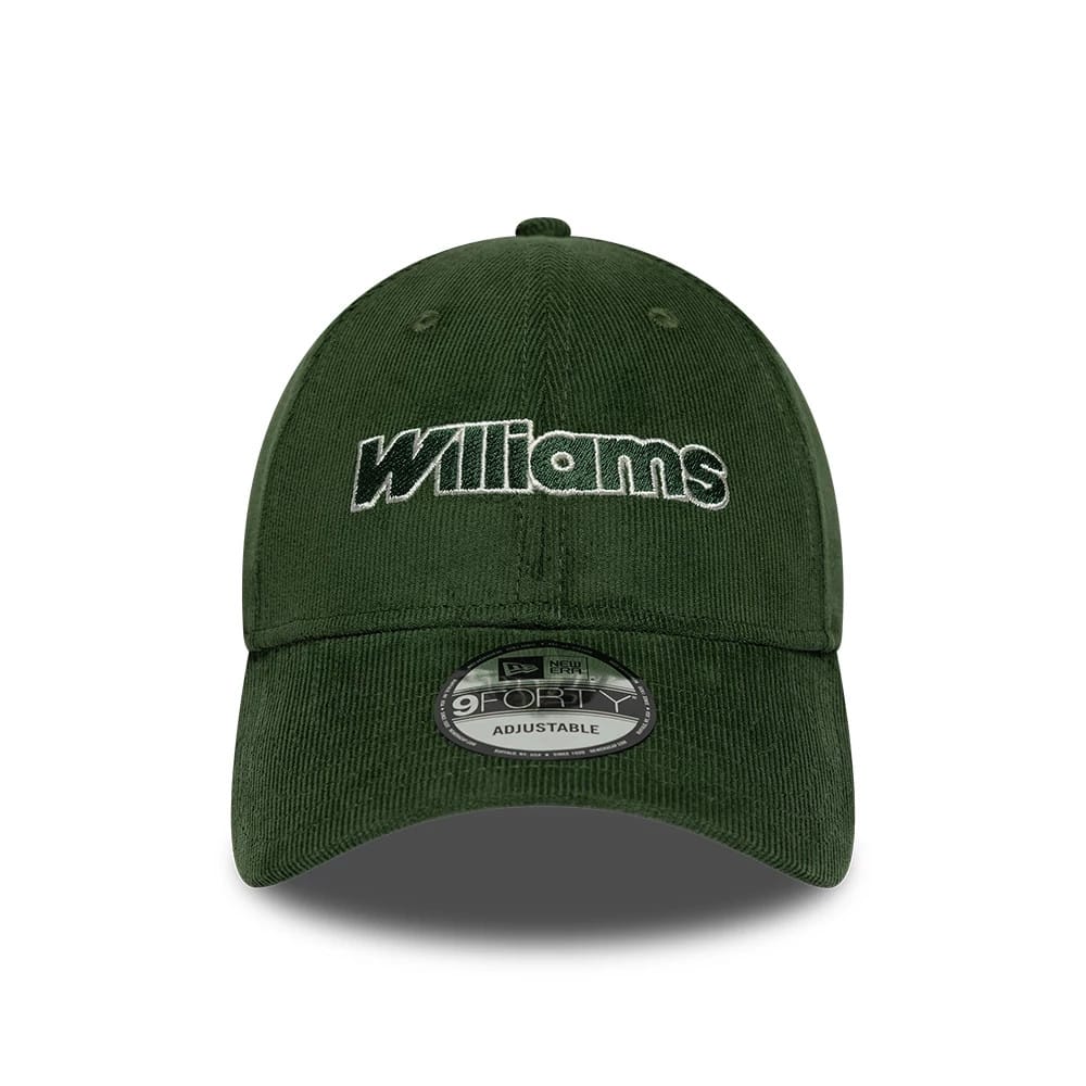 Williams Traditional Cord Dark Green New Era 9FORTY Adjustable Cap, front view showing white raised embroidered Williams lettering centred on the dark green corduroy crown, with matching visor and a 9FORTY size sticker on the visor.