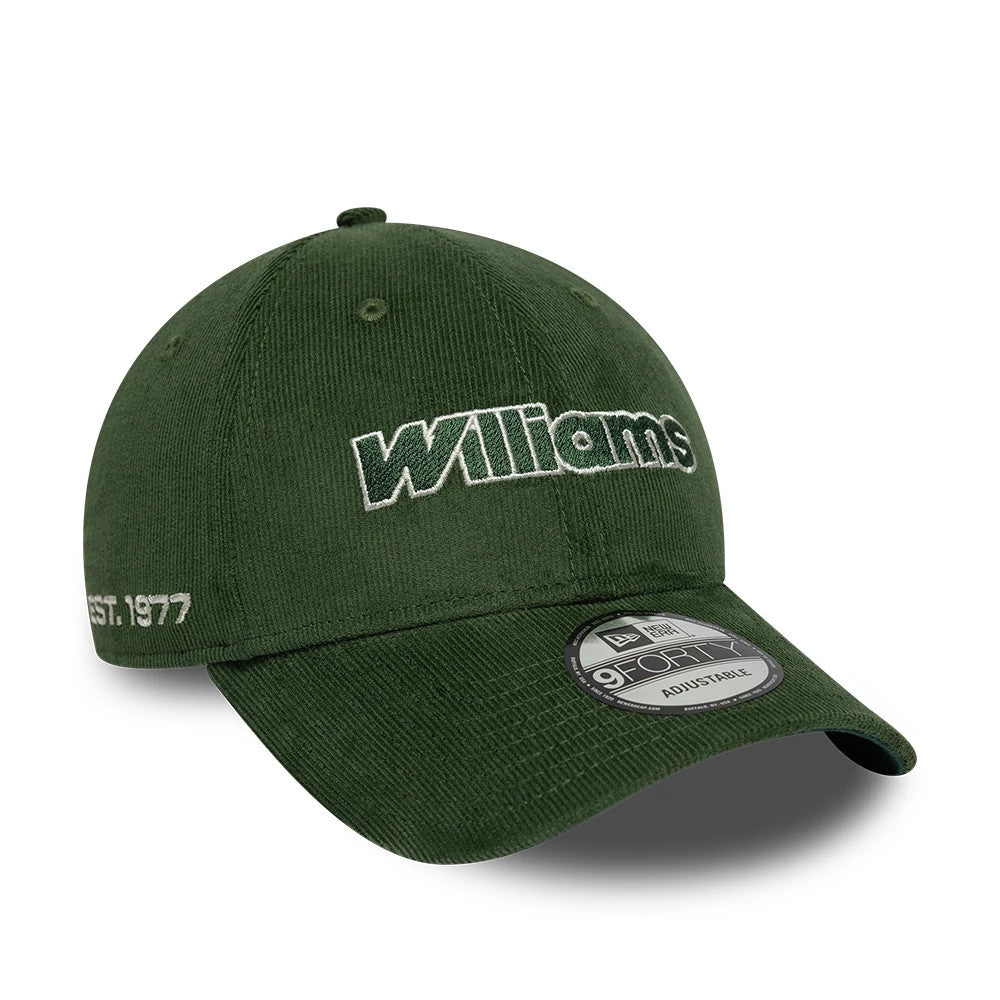 Williams Traditional Cord Dark Green New Era 9FORTY Adjustable Cap, front view showing Williams text embroidered in white on the structured dark green corduroy crown, with an EST. 1977 detail on the left side of the visor and the 9FORTY size sticker.