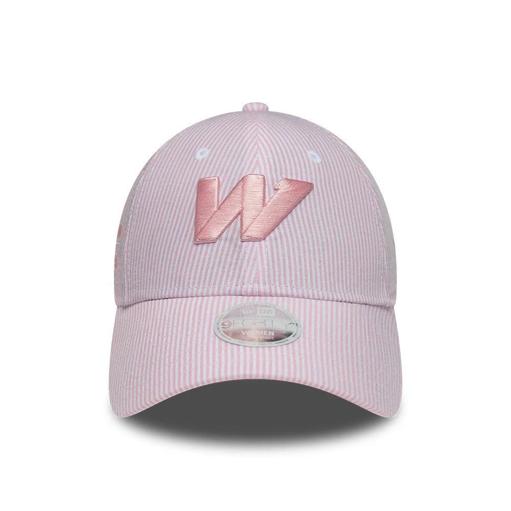 Williams Womens Seersucker Pastel Pink New Era 9FORTY Adjustable Cap, front view showing the raised pink embroidered W logo on the striped seersucker pattern, white eyelets on the crown, and the 9FORTY size sticker on the visor.