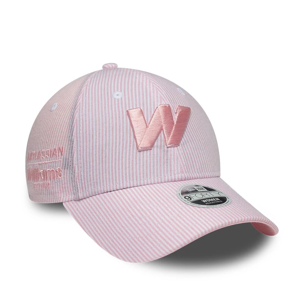 Williams Womens Seersucker Pastel Pink New Era 9FORTY Adjustable Cap, three-quarter view showing a pink embroidered W on the front panel, a pastel pink striped pattern, and a 9FORTY size sticker on the curved visor.