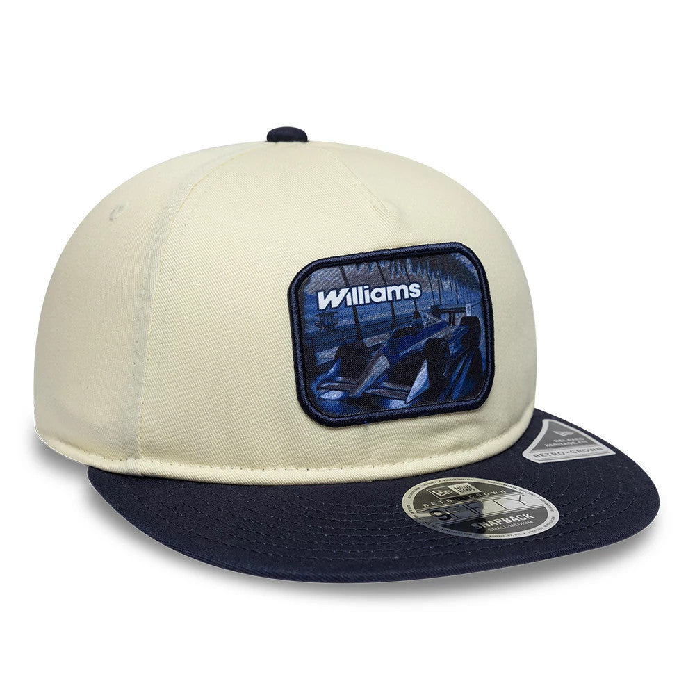 Williams New Wave Cream Retro Crown New Era 9FIFTY Adjustable Cap, front view showing a blue and black embroidered Williams patch on the cream crown, contrasting with a flat navy visor and featuring a 9FIFTY size sticker.