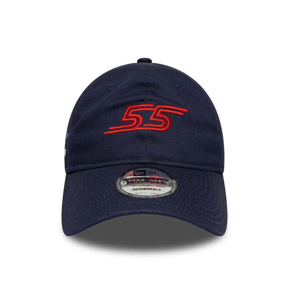 Williams Carlos Sainz Navy New Era 9TWENTY Adjustable Cap, front view showing a red embroidered number 55 on the centre of the navy crown, with matching navy curved visor and a 9TWENTY size sticker on the visor.
