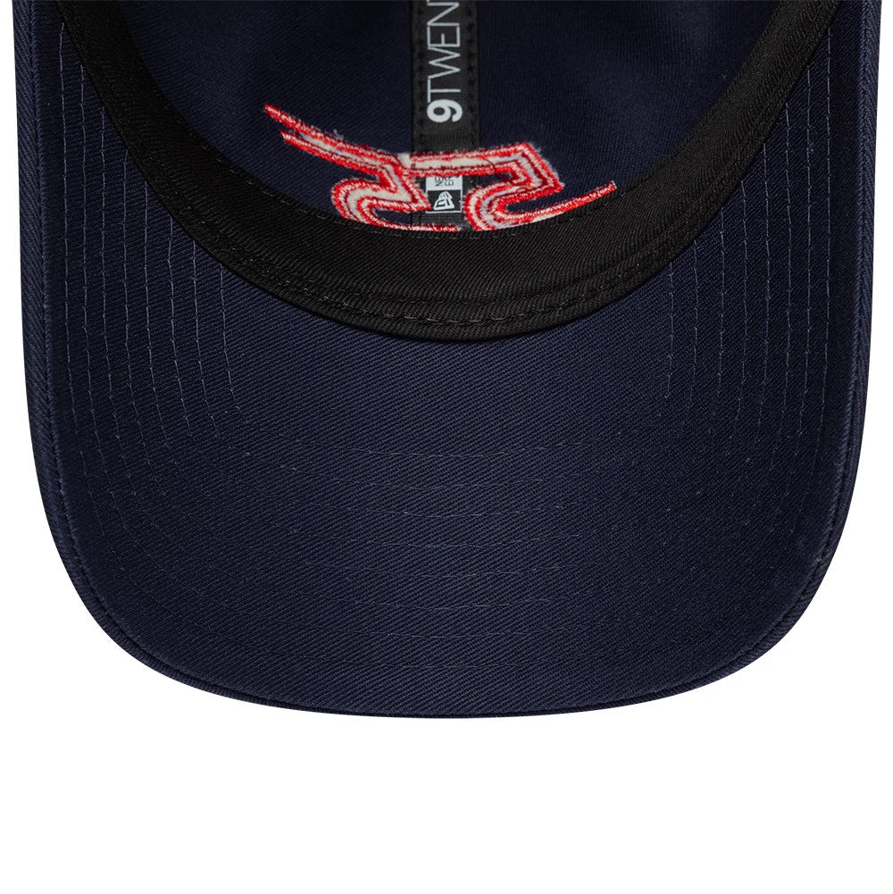 Williams Carlos Sainz Navy New Era 9TWENTY Adjustable Cap, inside view showing the black sweatband, a red embroidered 55 logo on the navy fabric, and the 9TWENTY label on the central taping.