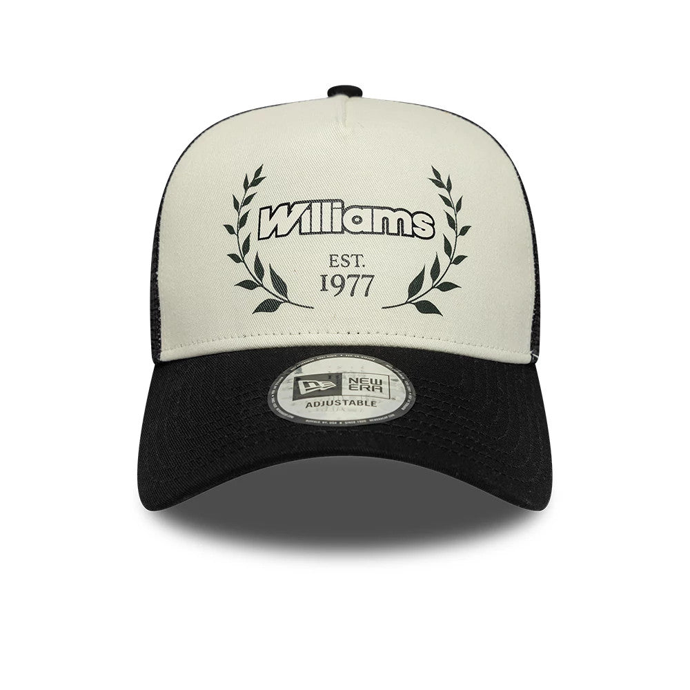 Williams Traditional Black New Era 9FORTY A-Frame Trucker Adjustable Cap, front view showing the white embroidered Williams Est. 1977 logo with laurel leaves on the cream front panel, black curved visor, and the 9FORTY size sticker.