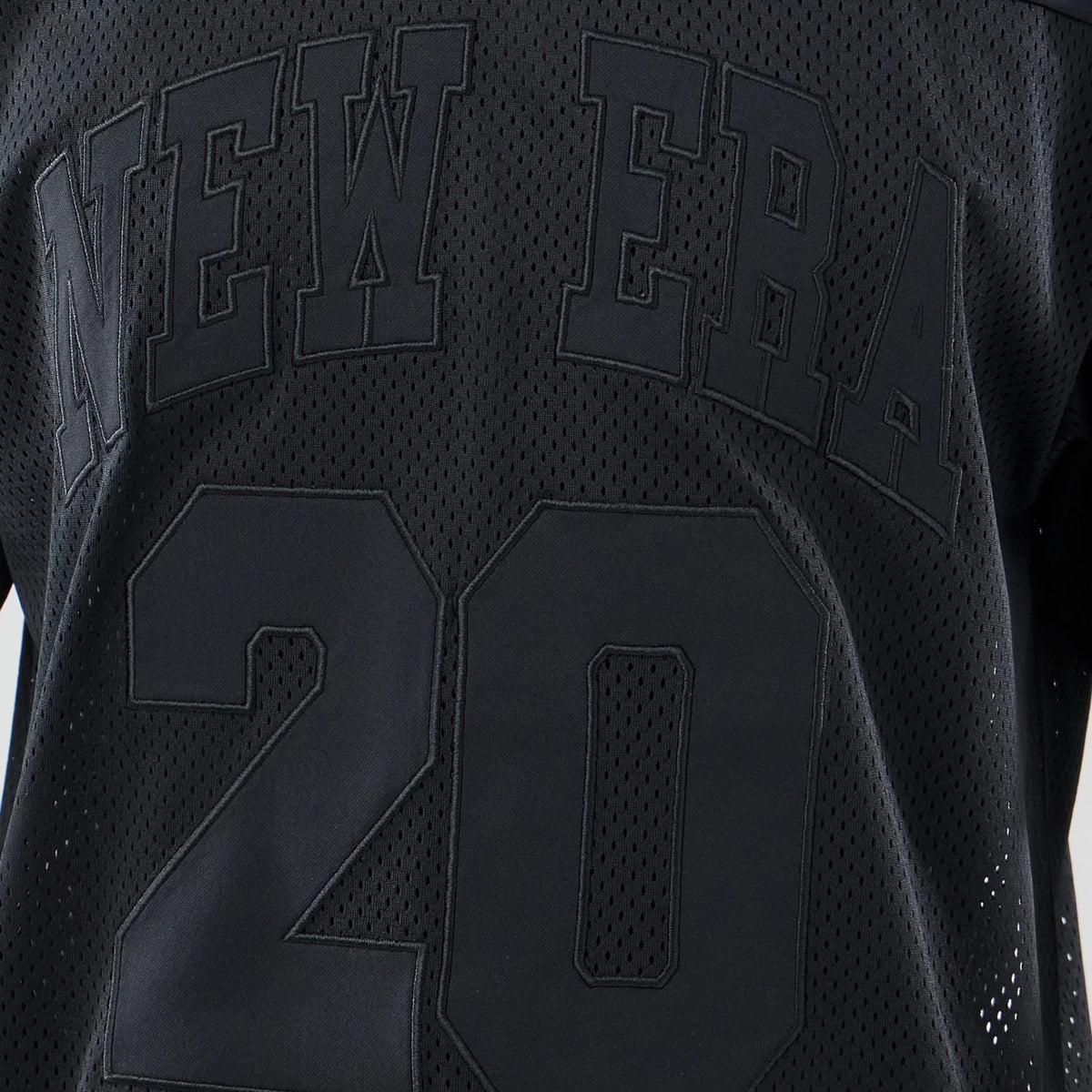 New Era Mesh Black Oversized T-Shirt, back view showing large embroidered New Era lettering across the upper back and prominent number 20 below, all in black on a black mesh fabric, highlighting the oversized basketball-inspired design.