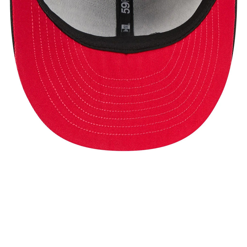 New York Yankees MLB Cinco De Mayo Black New Era 59FIFTY Fitted Cap, inside view showing a vivid red undervisor, black taping along the seams, and a black sweatband, with 59FIFTY branding down the centre.