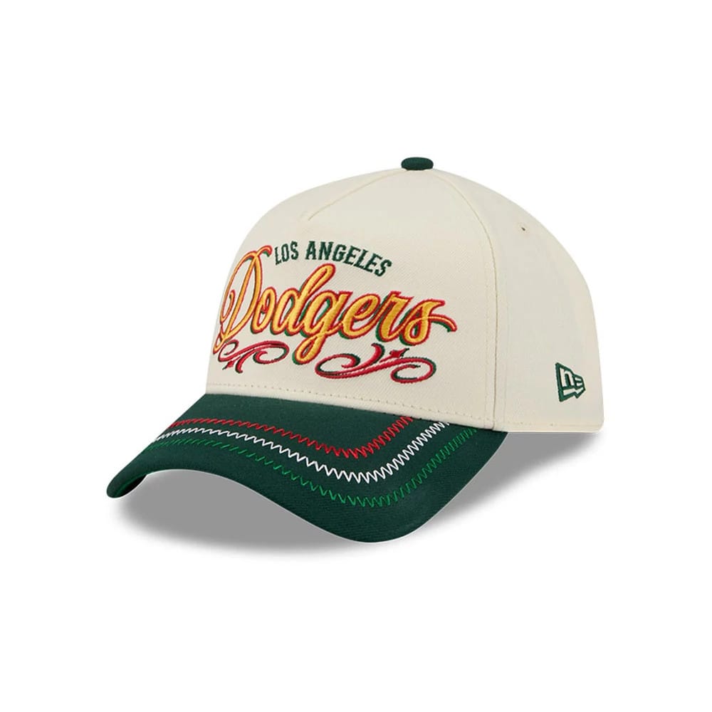 Pictured is this MLB Cinco De Mayo LA Dodgers 9FORTY A-Frame Adjustable cap in cream & green. 1