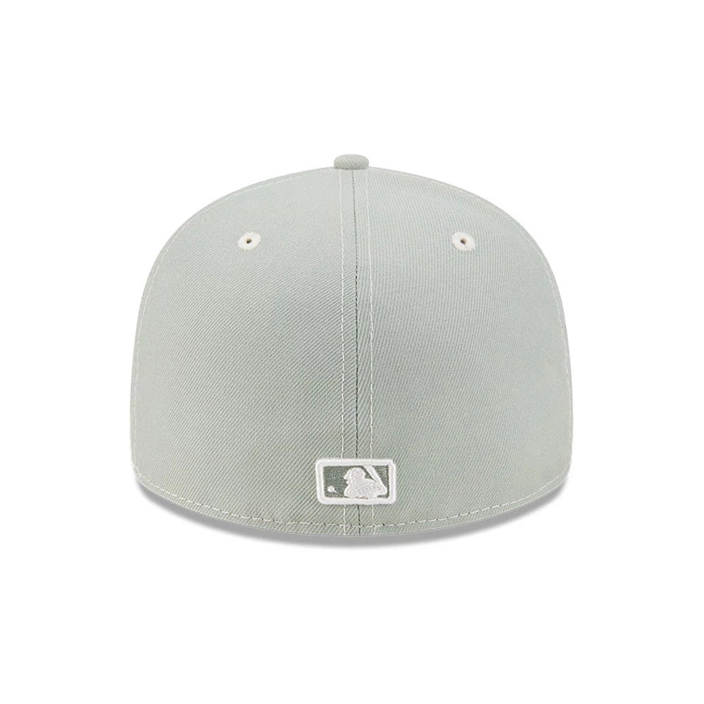 LA Dodgers MLB Pastel Green New Era 59FIFTY Fitted Cap, rear view showing the white embroidered MLB Batterman logo at the centre of the back panels, with a pastel green structured crown and matching eyelets.