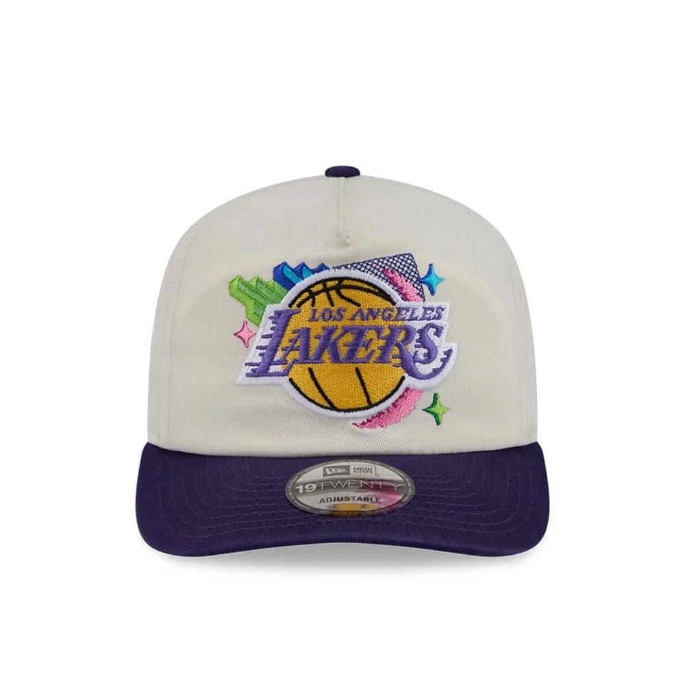 LA Lakers NBA Hardwood Classic White New Era 19TWENTY Adjustable Cap, front view showing the embroidered LA Lakers logo with a basketball and colourful accents on the structured white crown, paired with a dark purple visor.