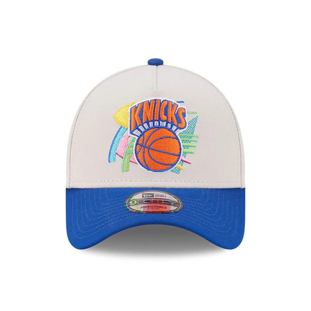 Pictured is this NBA Hardwood Classic New York Knicks 9FORTY A-Frame Adjustable cap in light beige & blue. 3
