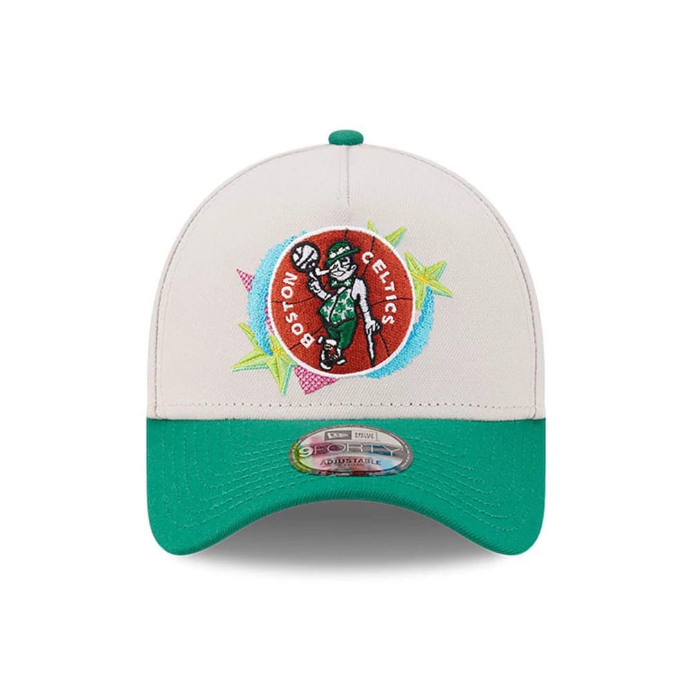 Pictured is this NBA Hardwood Classic Boston Celtics 9FORTY A-Frame Adjustable cap in light beige & green. 3
