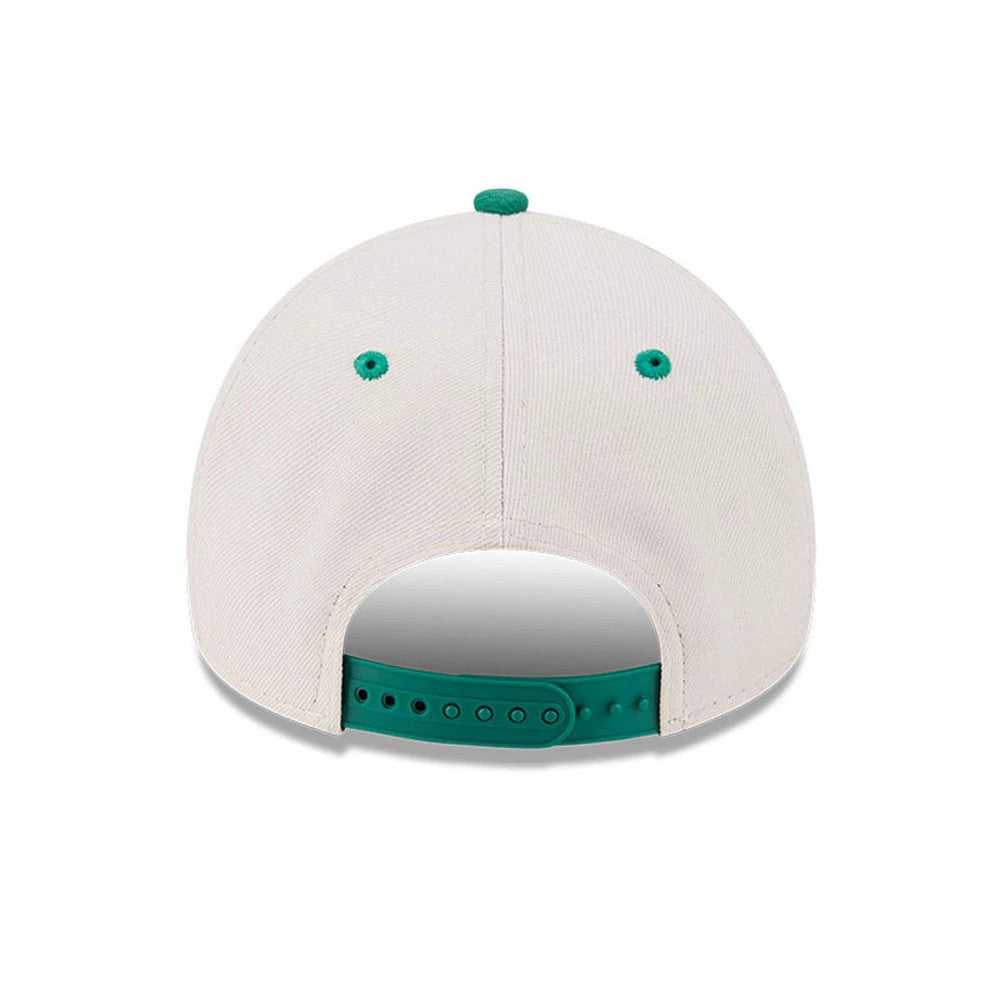 Pictured is this NBA Hardwood Classic Boston Celtics 9FORTY A-Frame Adjustable cap in light beige & green. 7