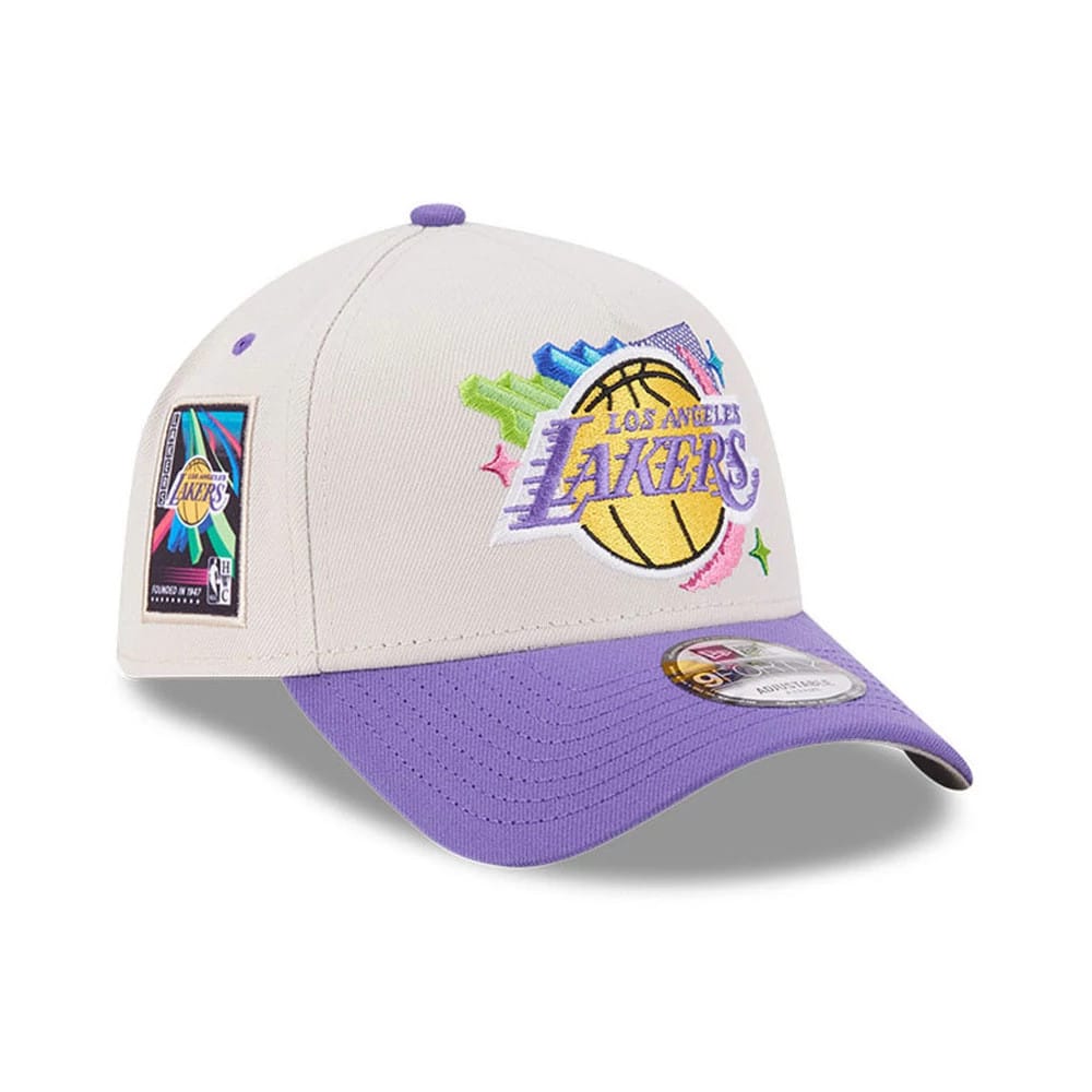 Pictured is this NBA Hardwood Classic LA Lakers 9FORTY A-Frame Adjustable cap in light beige. 1