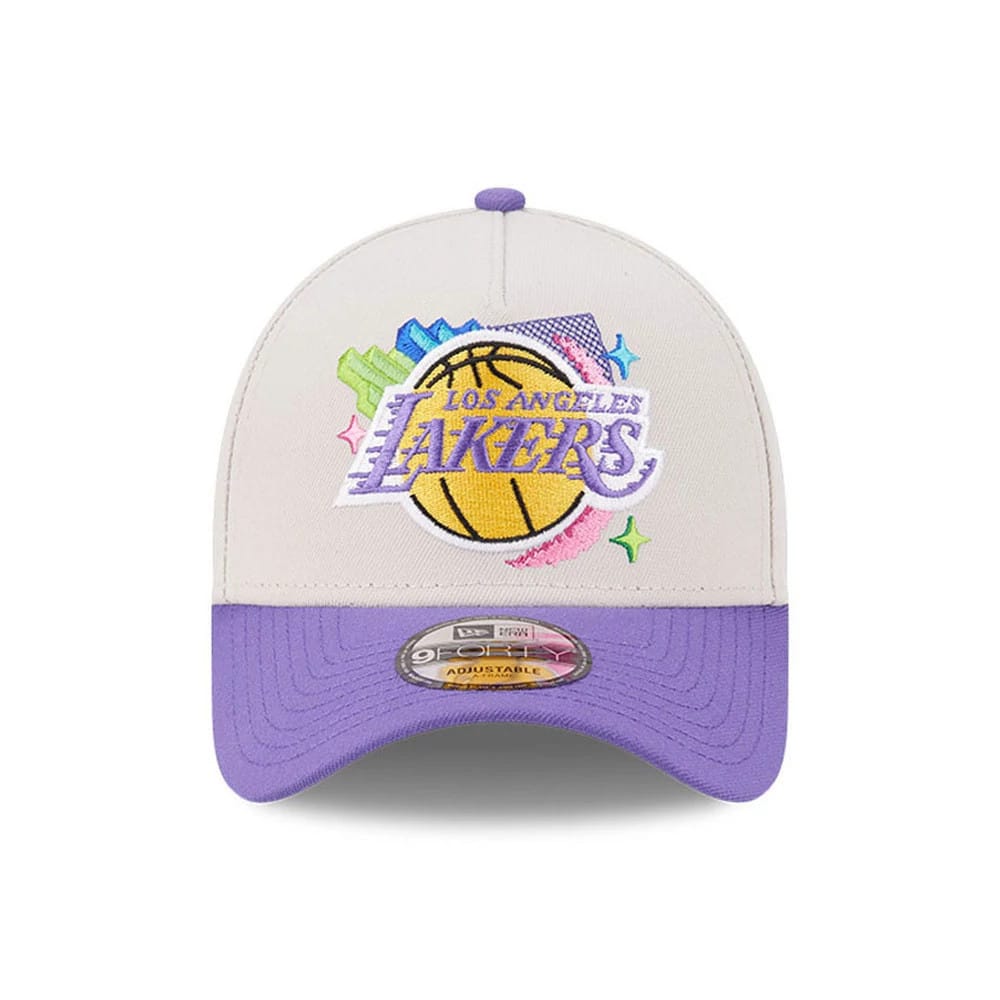 Pictured is this NBA Hardwood Classic LA Lakers 9FORTY A-Frame Adjustable cap in light beige & purple. 3