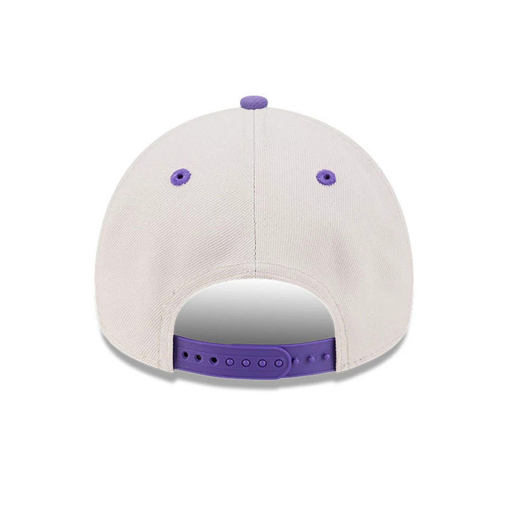 Pictured is this NBA Hardwood Classic LA Lakers 9FORTY A-Frame Adjustable cap in light beige & purple. 7