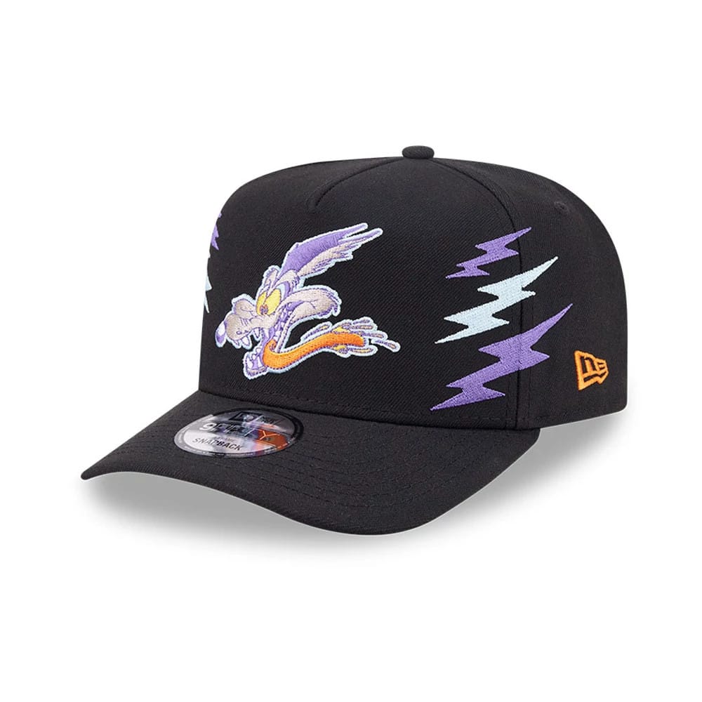 Pictured is this Looney Tunes Wile E Coyote 9FIFTY A-Frame Snapback Adjustable cap in black. 1
