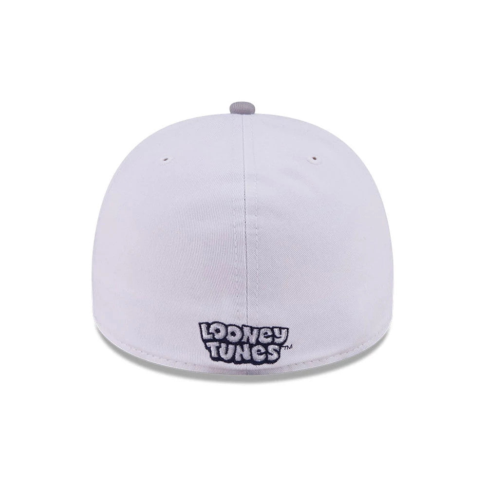 Pictured is this Looney Tunes Bugs Bunny Script 59FIFTY A-Frame Fitted cap in white & grey. 7
