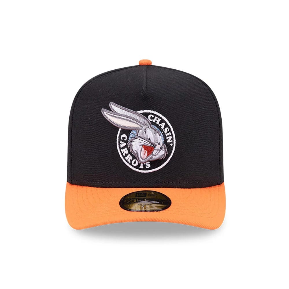 Pictured is this Looney Tunes Chasin Carrots Bugs Bunny 59FIFTY A-Frame Fitted cap in black & orange. 3